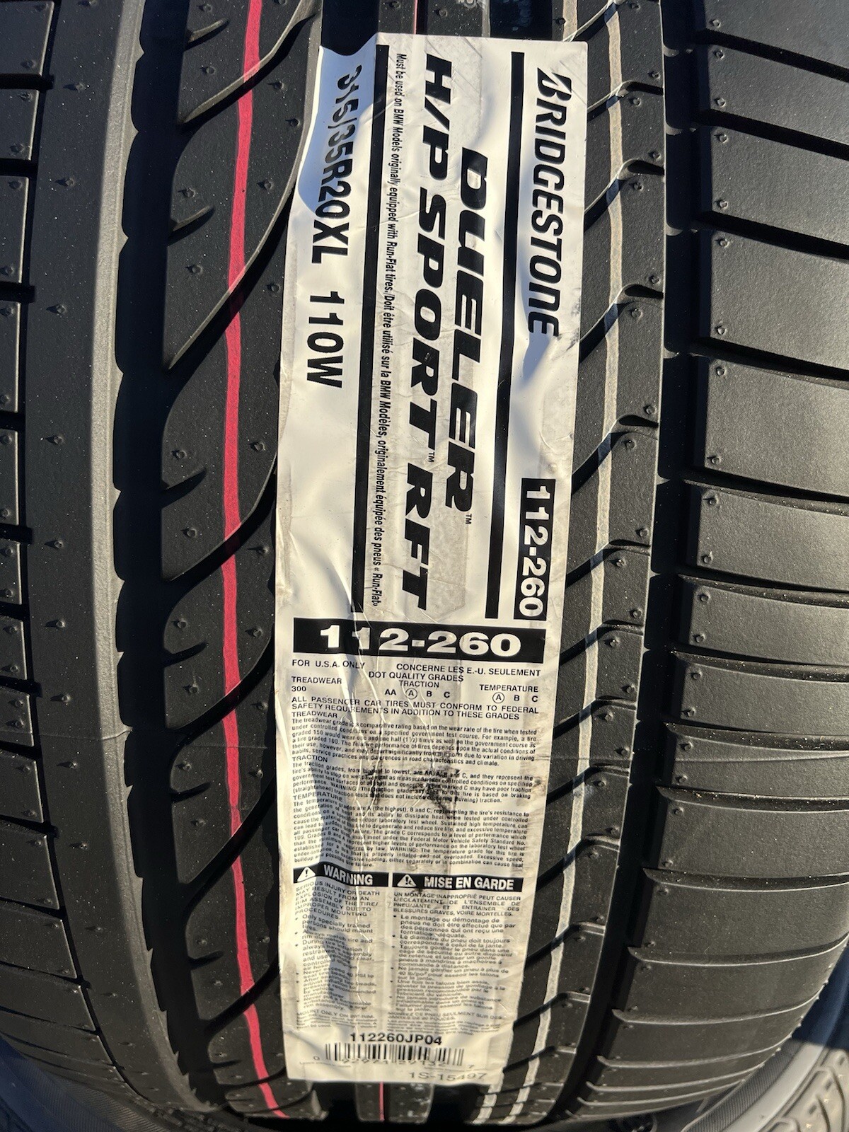 ONE NEW 315/35R20 110W Bridgestone Dueler H/P HP Sport RFT Run Flat BMW Tire