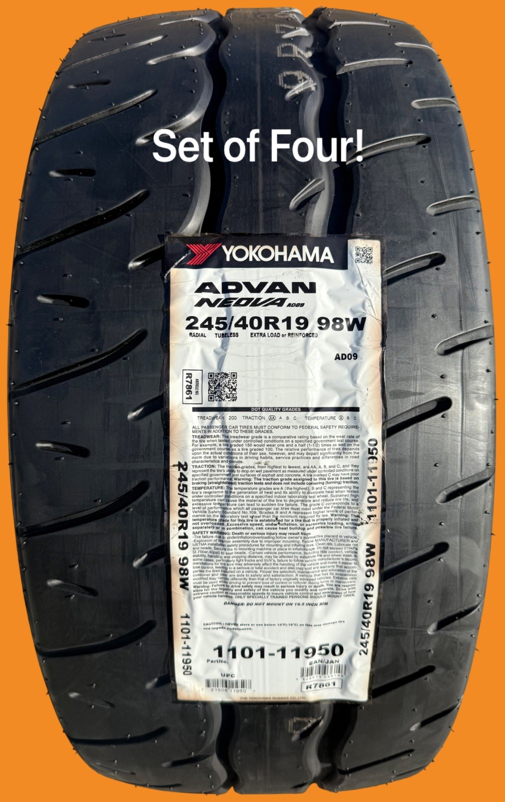 Set of FOUR BRAND NEW 245/40R19 98W Yokohama ADVAN NEOVA AD09 Tires 2454019