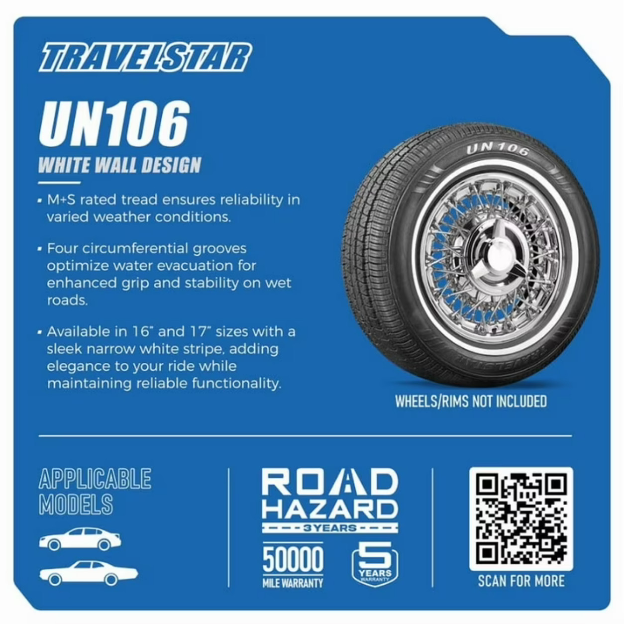 Travelstar UN106 155/80R13 79T 14mm White Wall Passenger Car Tire 155 80 13