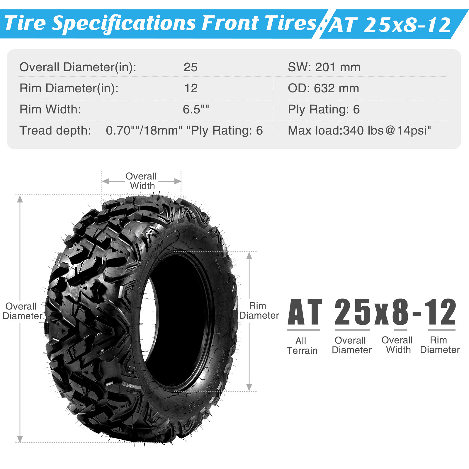 MP 25×8-12 & 25×10-12 Replacement ATV UTV SxS 6 Ply Tires Set of 4