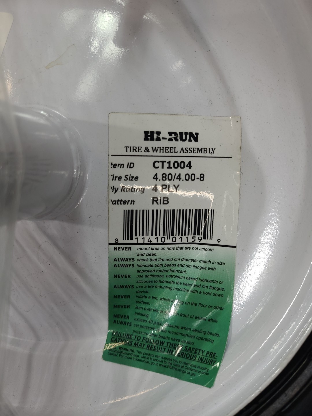 Hi-Run CT1004-RIB-4.80/4.00-8-4 Ply Lawn & Garden Tire & Wheel w/ 5/8 in Bearing