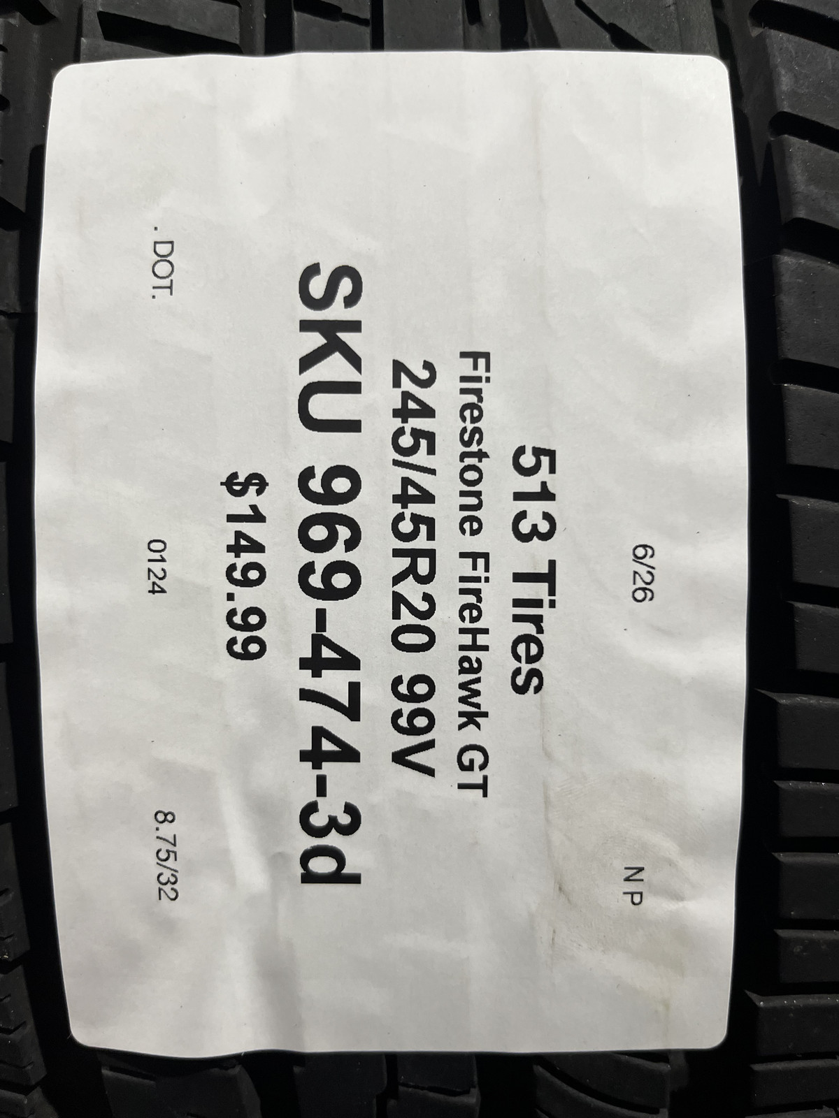 1 Tire Firestone FireHawk GT 245/45R20 99V DOT.0124 8.75/32 NO Patch