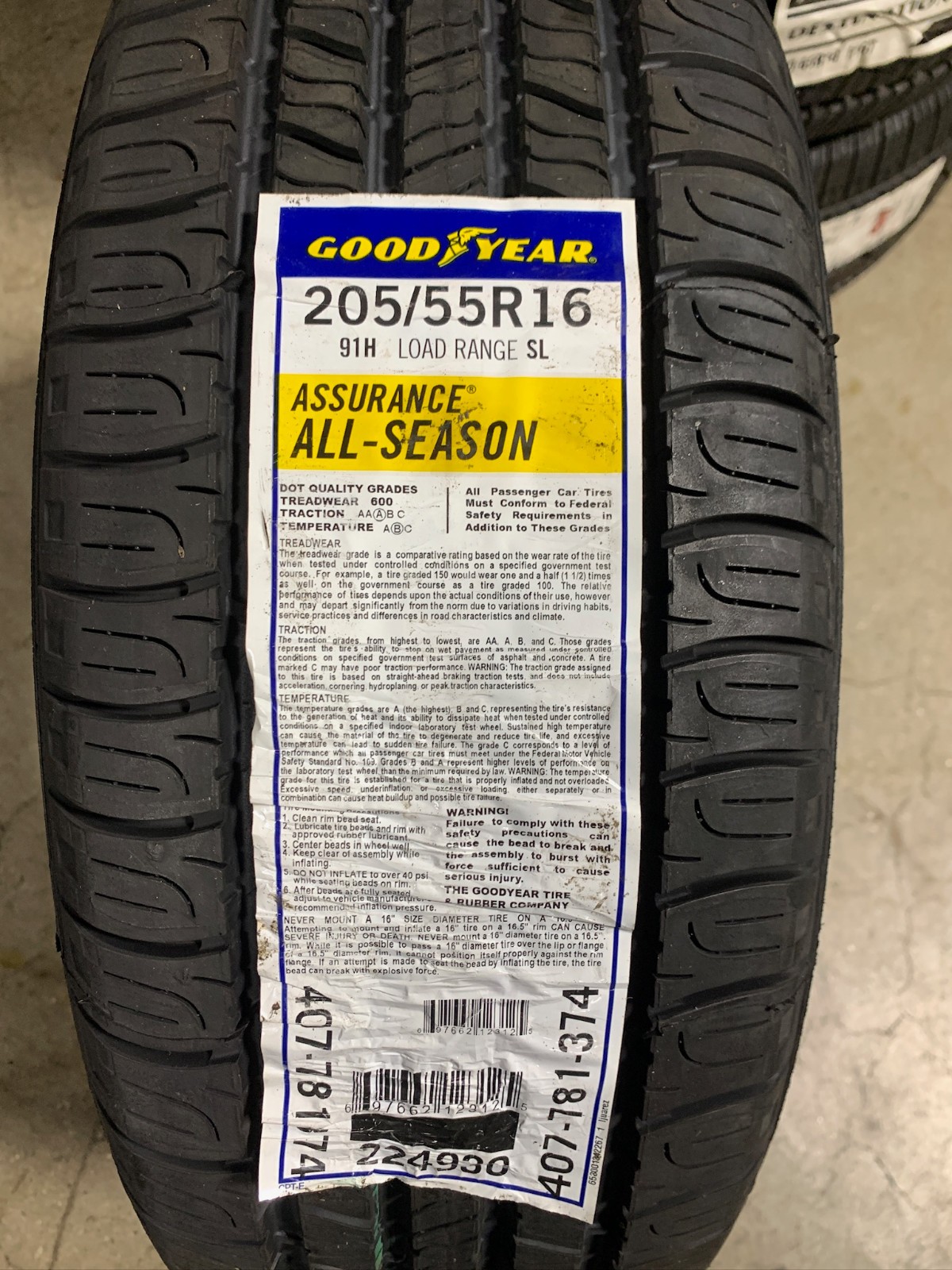 1 New 205 55 16 (91H) Goodyear Assurance All Season Standard Load Tire