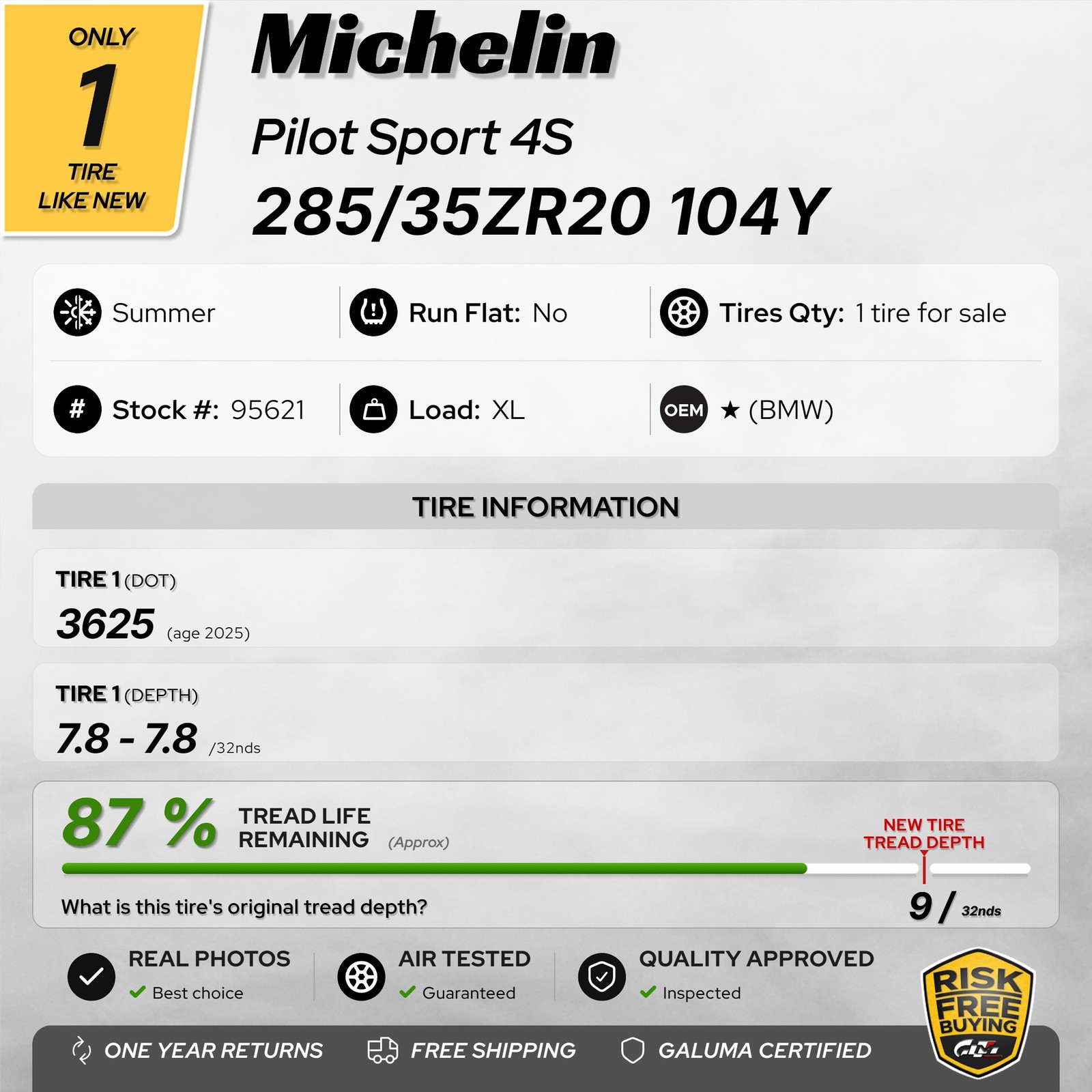 1 Tire LikeNEW Michelin Pilot Sport 4S (★) XL 285/35ZR20 285/35/20 104Y #95621