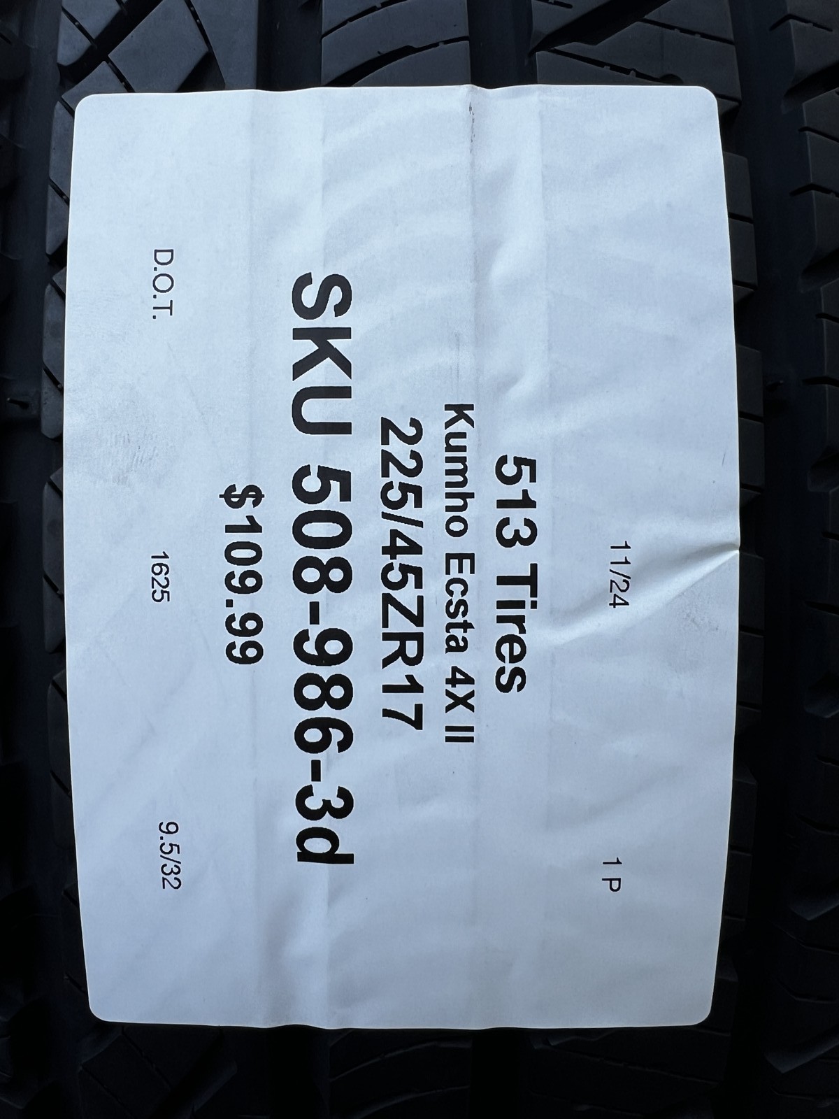 1 Tire Kumho Ecsta 4X II 225/45ZR17 94W DOT.1625 9.5/32