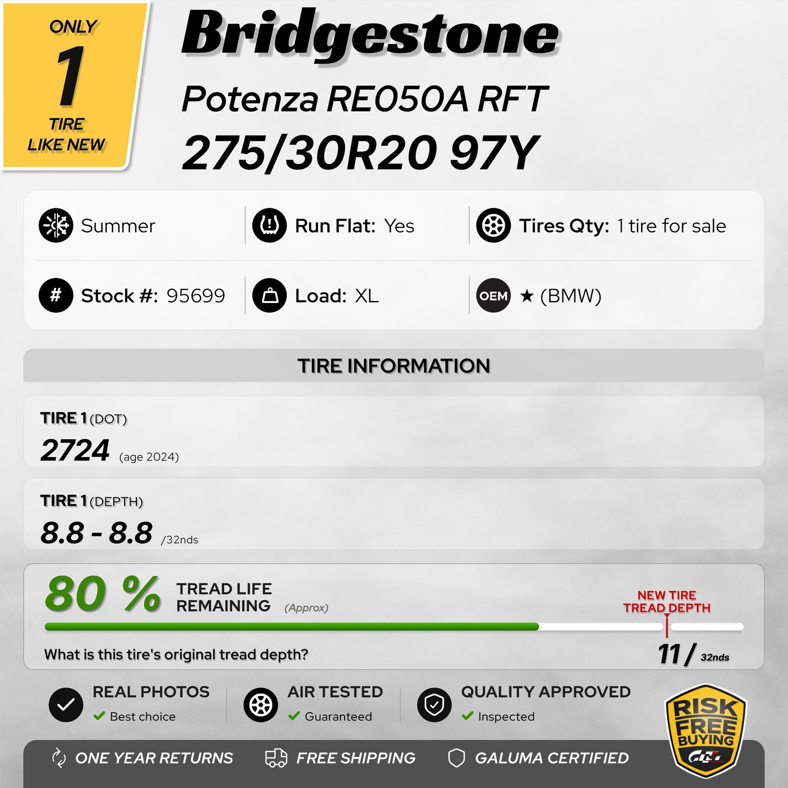 1 Tire LikeNEW Bridgestone Potenza RE050A RFT RunFlat 275/30R20 No Repairs 95699