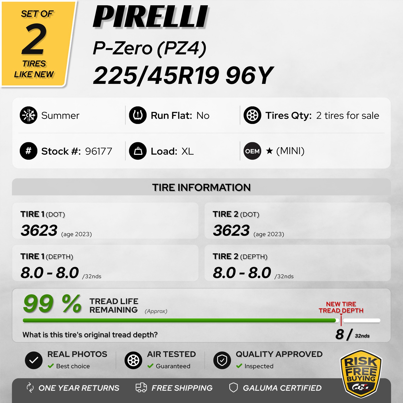 Set of 2 Tires LikeNEW Pirelli P-Zero (PZ4) ★ XL 225/45R19 96Y No Repairs #96177