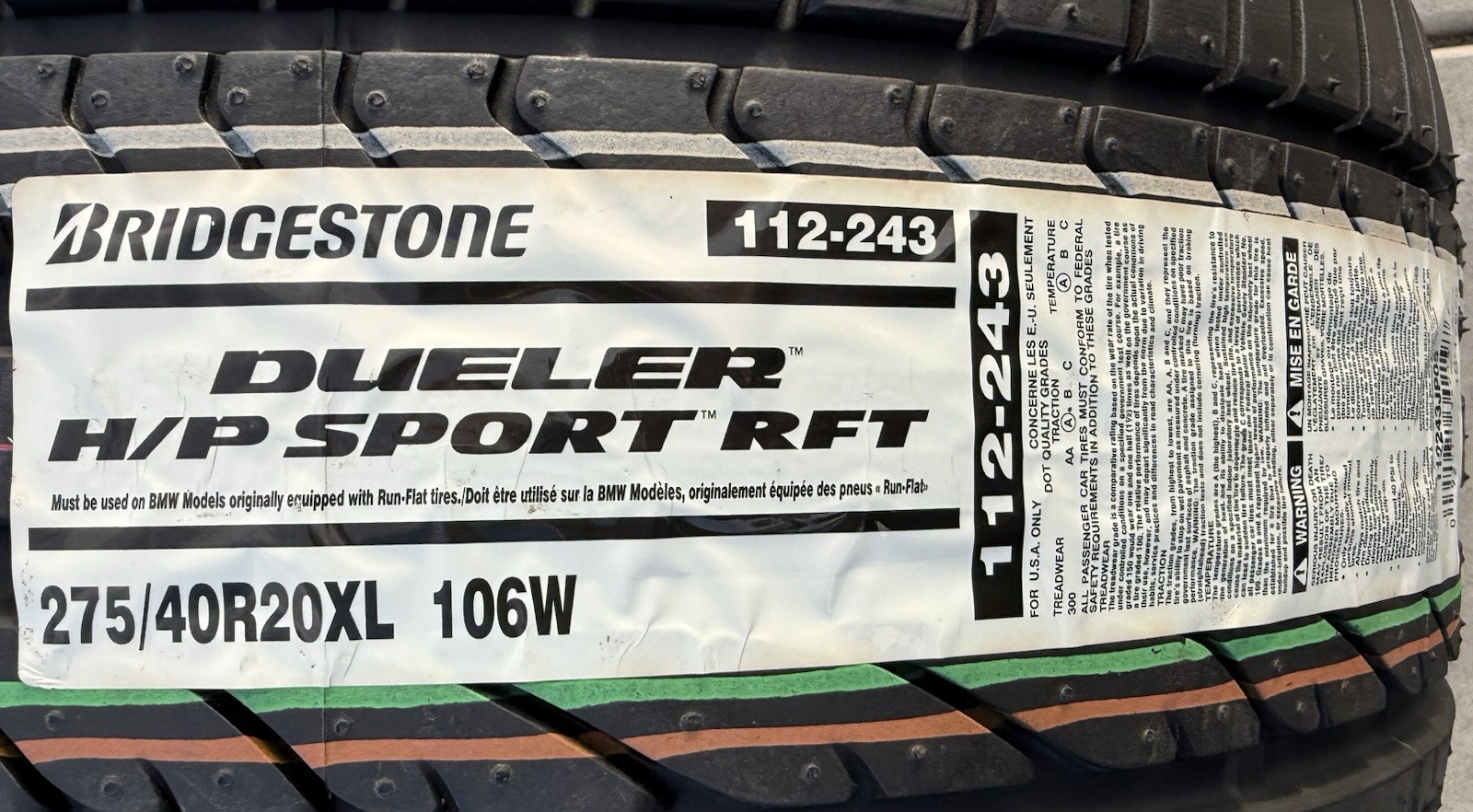 TWO BRAND NEW 275/40R20 106W Bridgestone Dueler H/P Sport RFT Run Flat BMW Tires