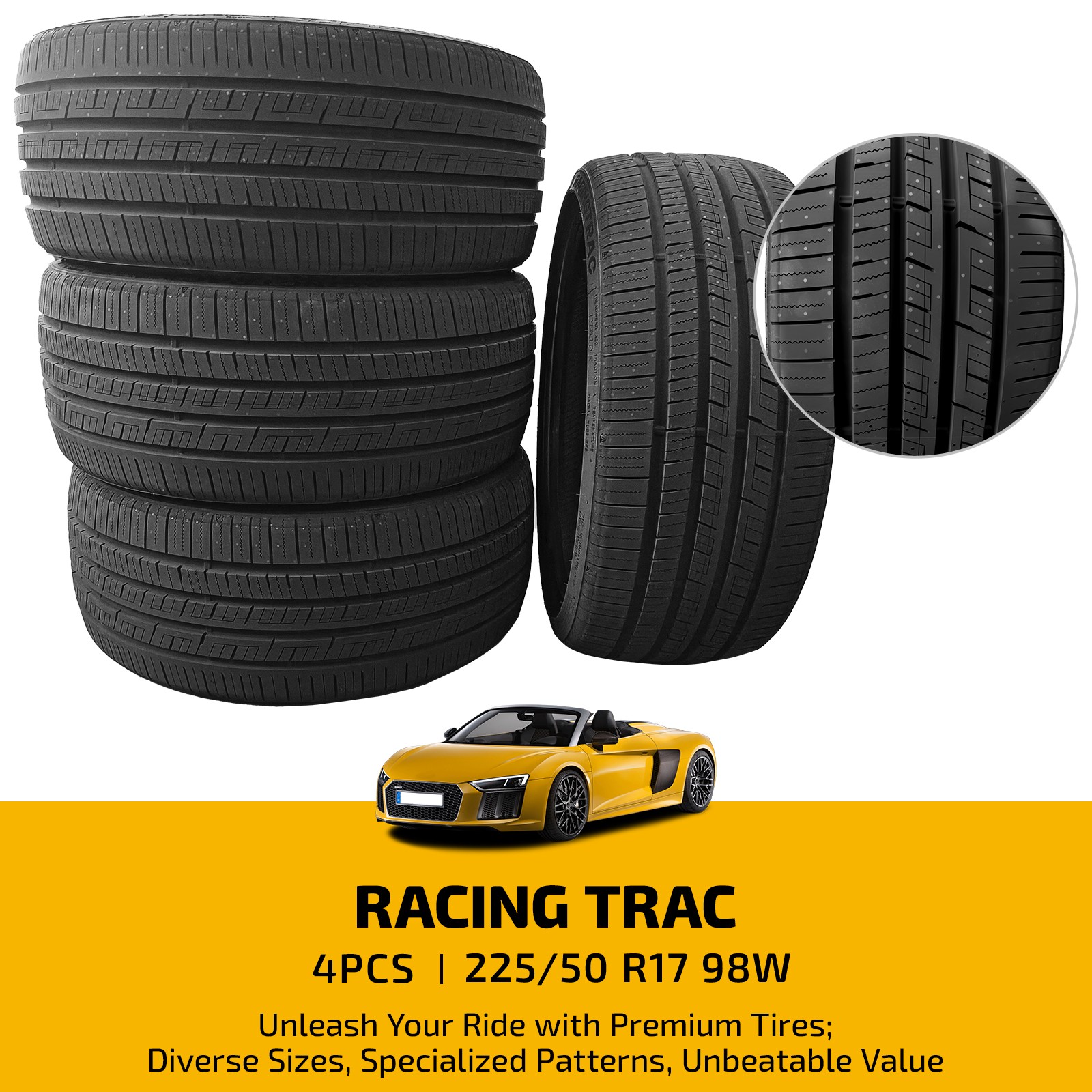 Set of 4 225/50ZR17 98W RACING UHP Tire 7.7mm 420AA 50000 Mile Warranty BSW