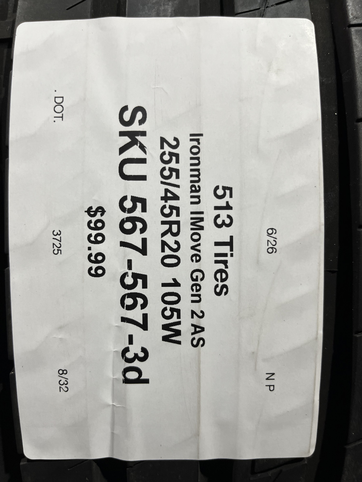 1 Tire Ironman IMove Gen 2 AS 255/45ZR20 105W DOT.3725 8/32 NO Patch