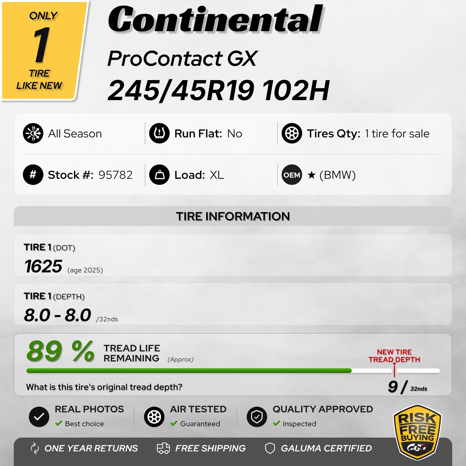 1 Tire LikeNEW Continental ProContact GX ★ XL 245/45R19 245/45/19 102H #95782