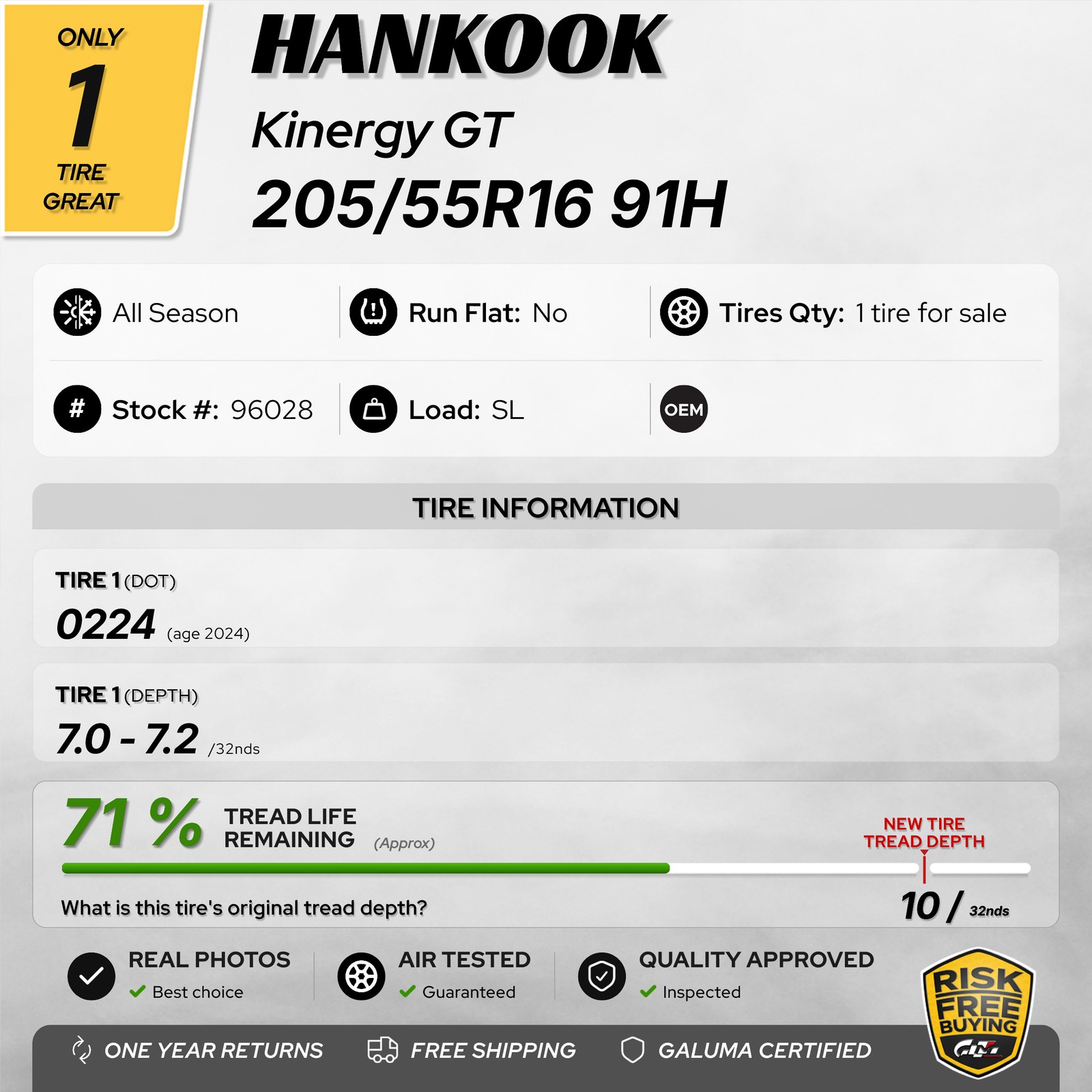 1 Tire Hankook Kinergy GT 205/55R16 205/55/16 2055516 91H #96028