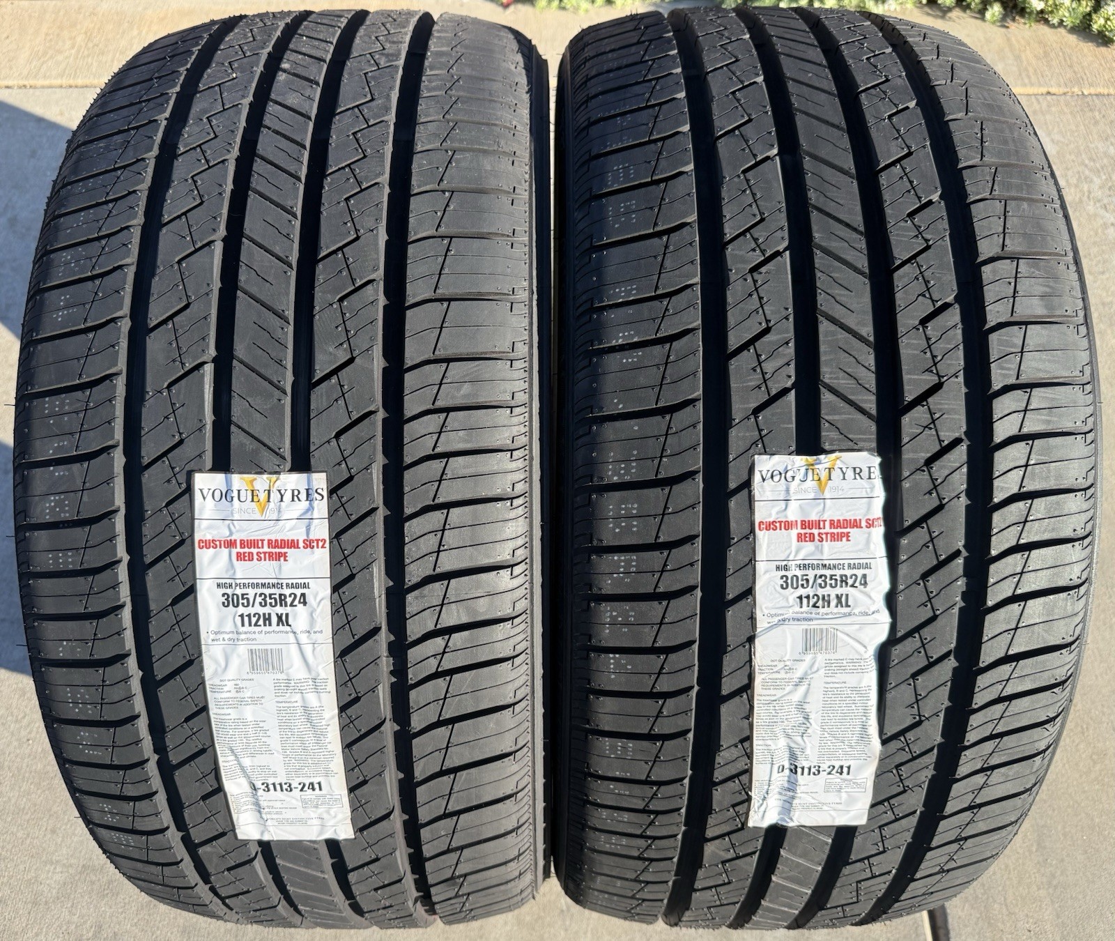 TWO BRAND NEW 305/35R24 112H Vogue Custom Built Radial SCT2 Whitewall Red Stripe