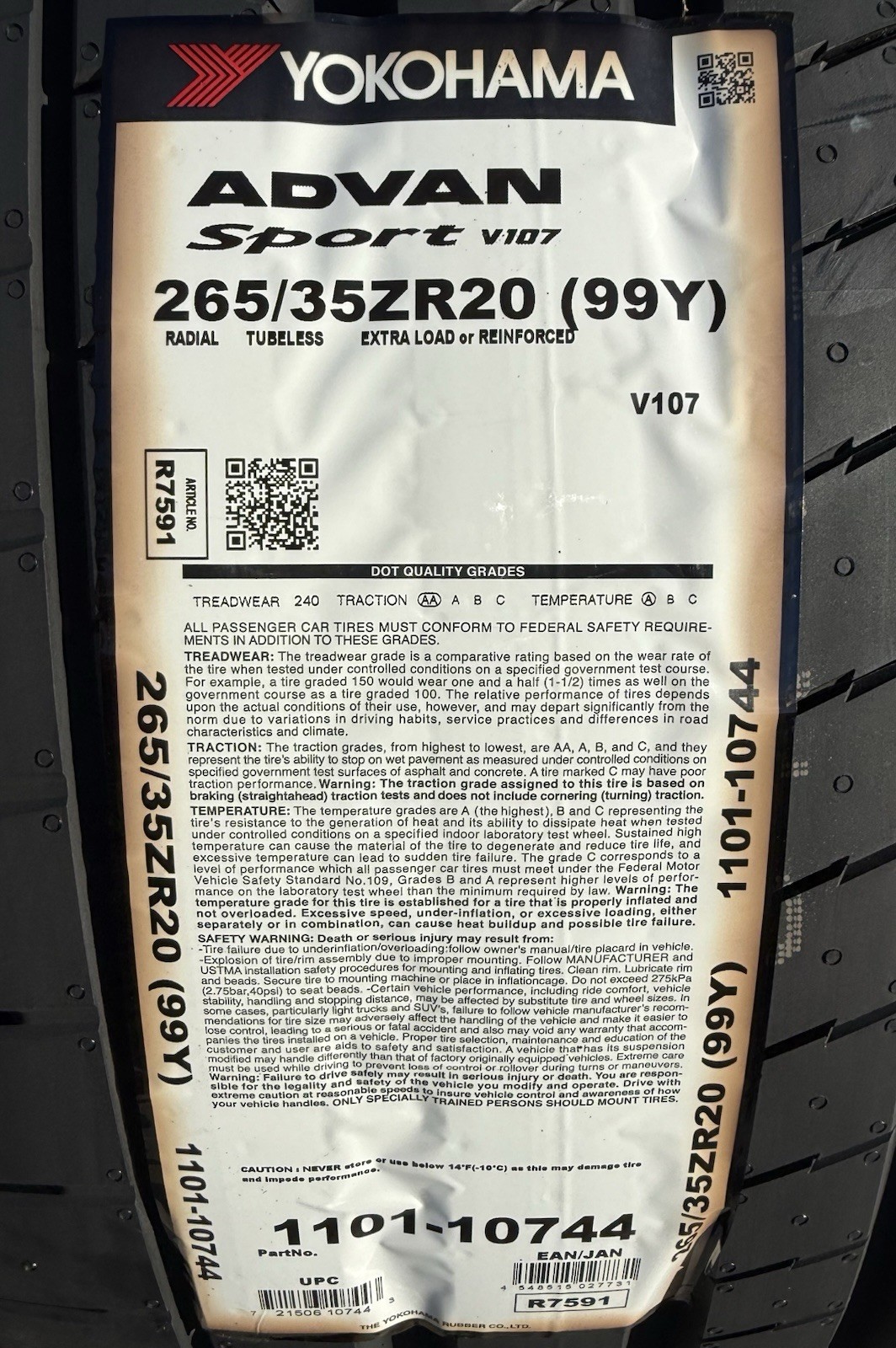 TWO BRAND NEW 265/35ZR20 Yokohama ADVAN Sport V107 Tires Like Michelin Pilot 4S!