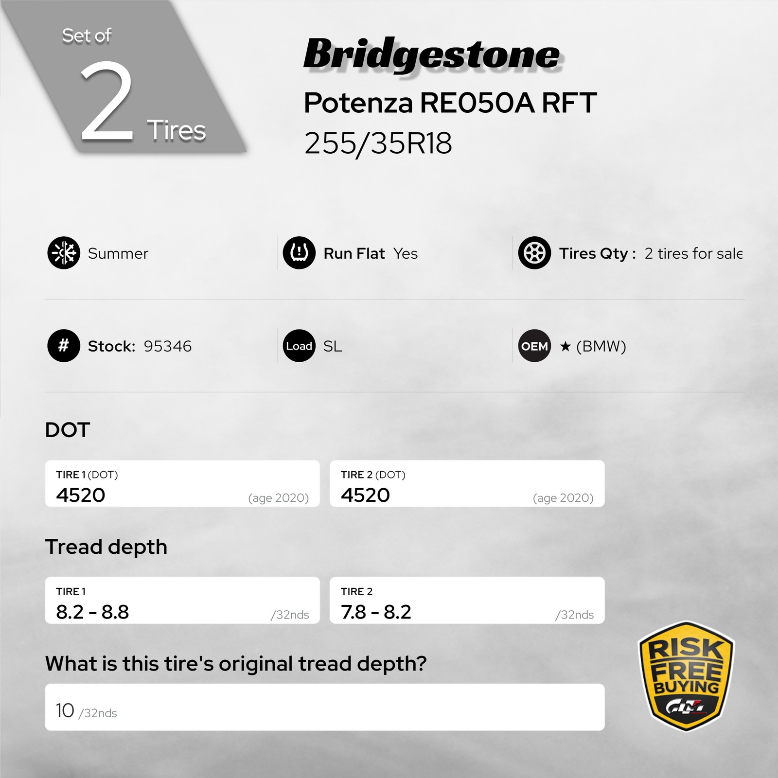Set of 2 Tires Bridgestone Potenza RE050A RFT RunFlat 255/35R18 No Repairs 95346