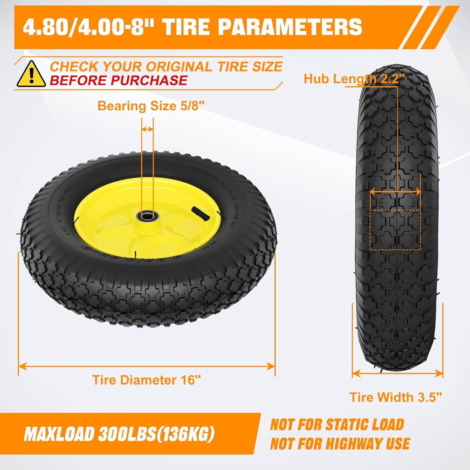 4.80/4.00-8″ Tires and Wheels Replacement 16″ Pneumatic Air Inflated Tire Wheel