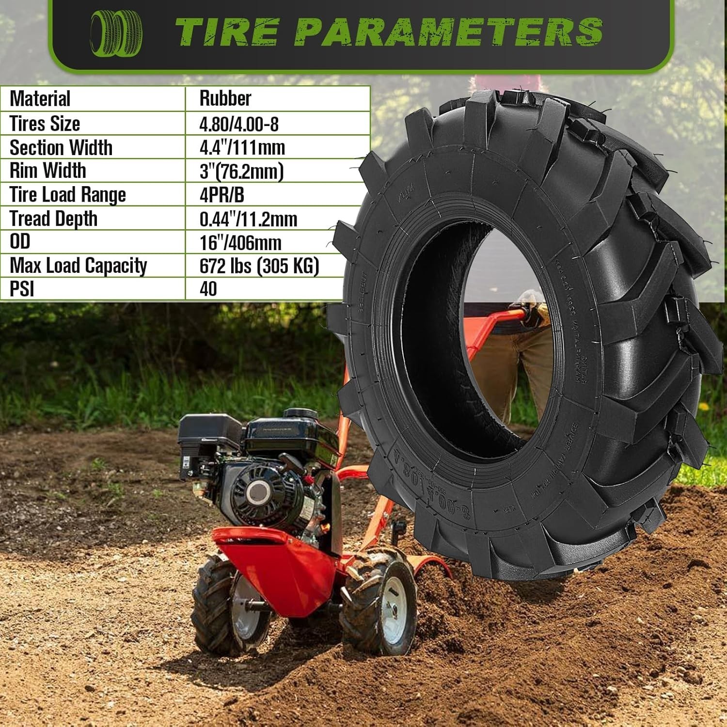 NEW 2 PCS 4.80/4.00-8 Tires Tubeless Turf Lawn Garden Tractor Golf Cart Tires