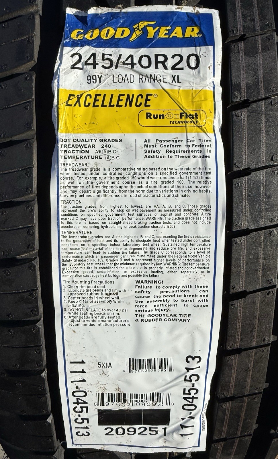 ONE BRAND NEW 245/40R20 99Y Goodyear Excellence RunOnFlat ROF RFT Run Flat Tire