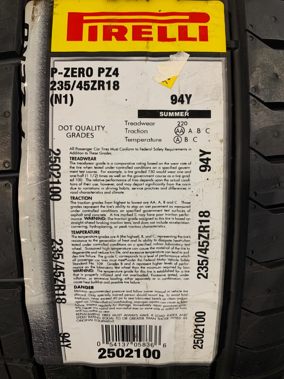 1 New 235 45 18 (94Y) Pirelli P Zero PZ4 N1 Summer Tire