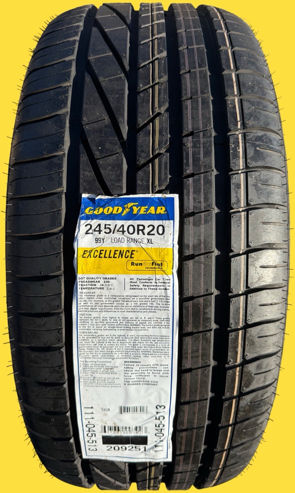 ONE BRAND NEW 245/40R20 99Y Goodyear Excellence RunOnFlat ROF RFT Run Flat Tire