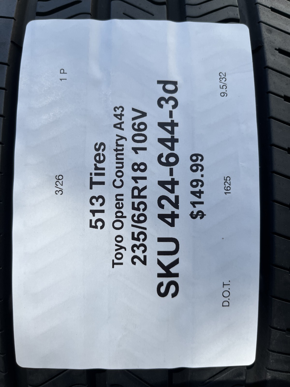 1 Tire Toyo Open Country A43 235/65R18 106V DOT.1625 9.5/32