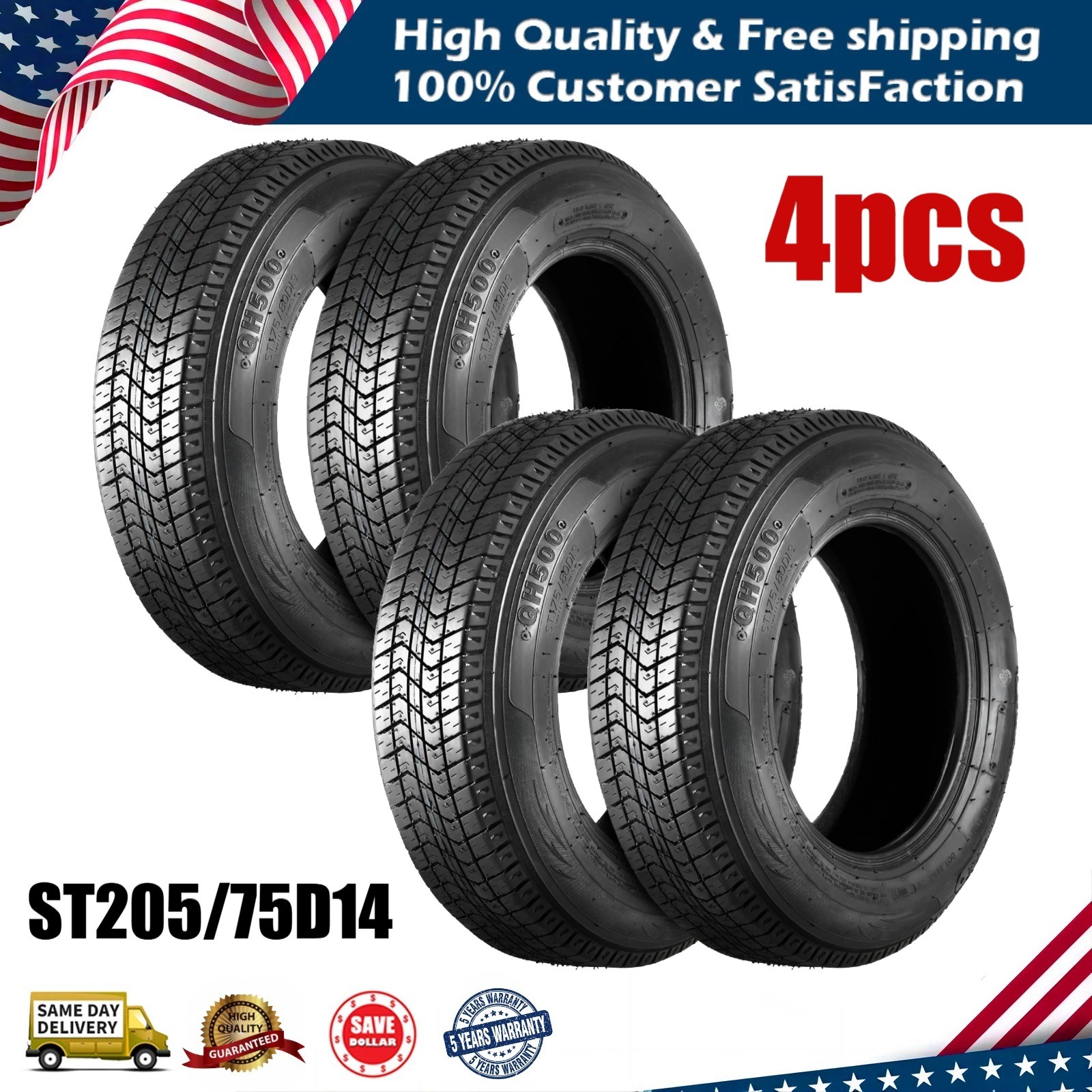 Set Of 4 ST205/75D14 Trailer Tires 6 Ply Heavy Duty 205 75 14 Replacement Tyres