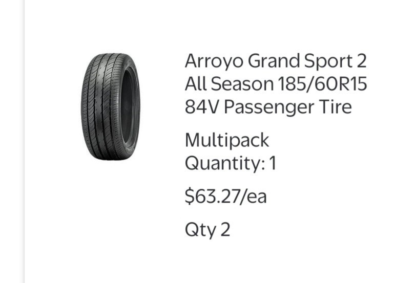 2 New Arroyo Grand Sport 2 185/60R15 84V All Season Tires 55000 MILE Warranty