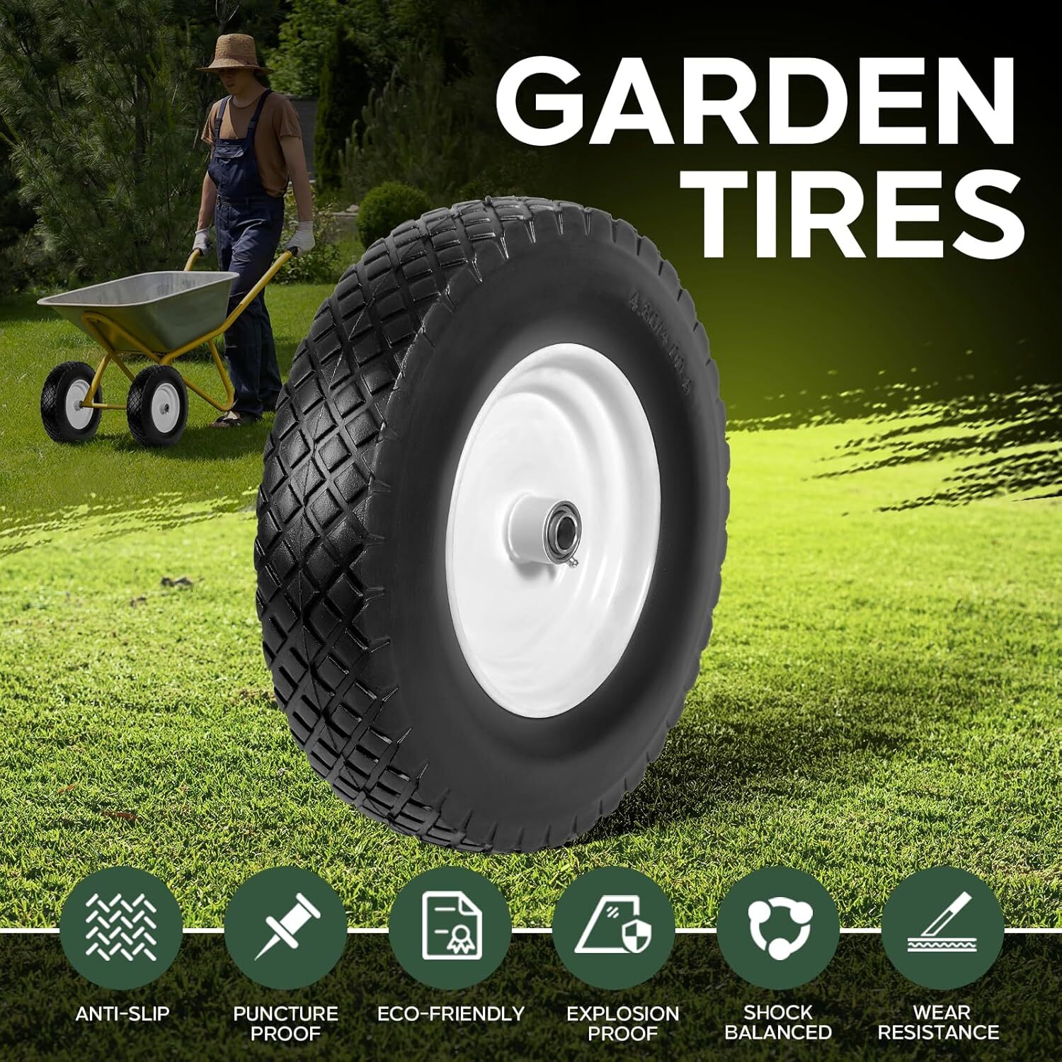 Taifa 2PCS 16 Inch Rubber Solid Flat Free Replacement Tires & Wheels 4.80/4.00-8