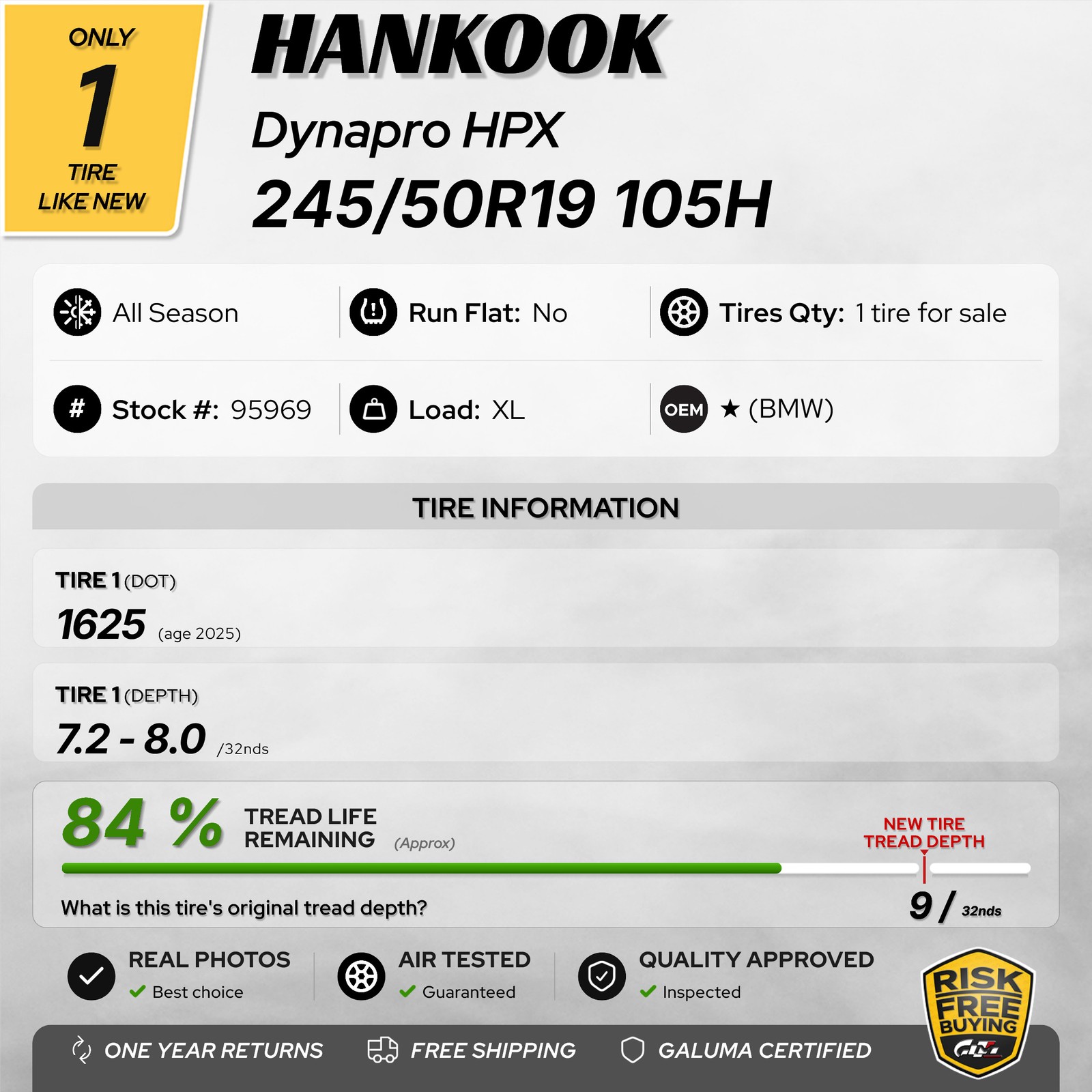 1 Tire LikeNEW Hankook Dynapro HPX ★ XL 245/50R19 245/50/19 2455019 105H #95969