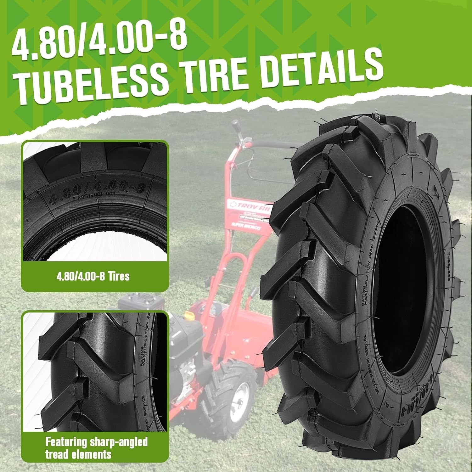 NEW 2 PCS 4.80/4.00-8 Tires Tubeless Turf Lawn Garden Tractor Golf Cart Tires