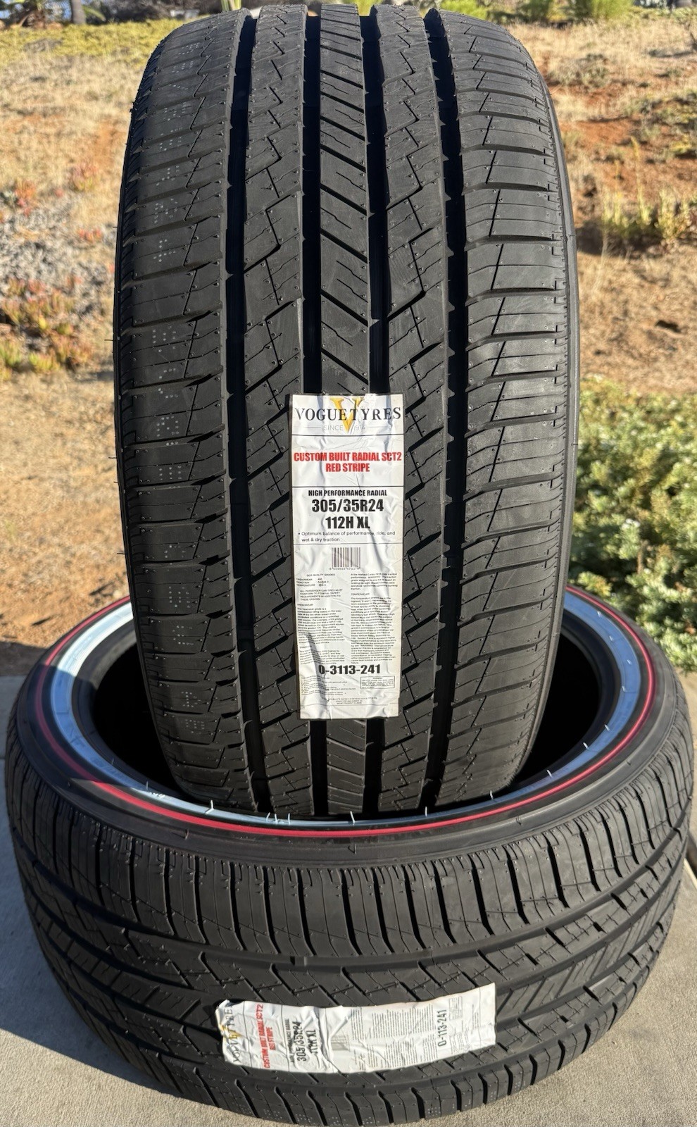 TWO BRAND NEW 305/35R24 112H Vogue Custom Built Radial SCT2 Whitewall Red Stripe