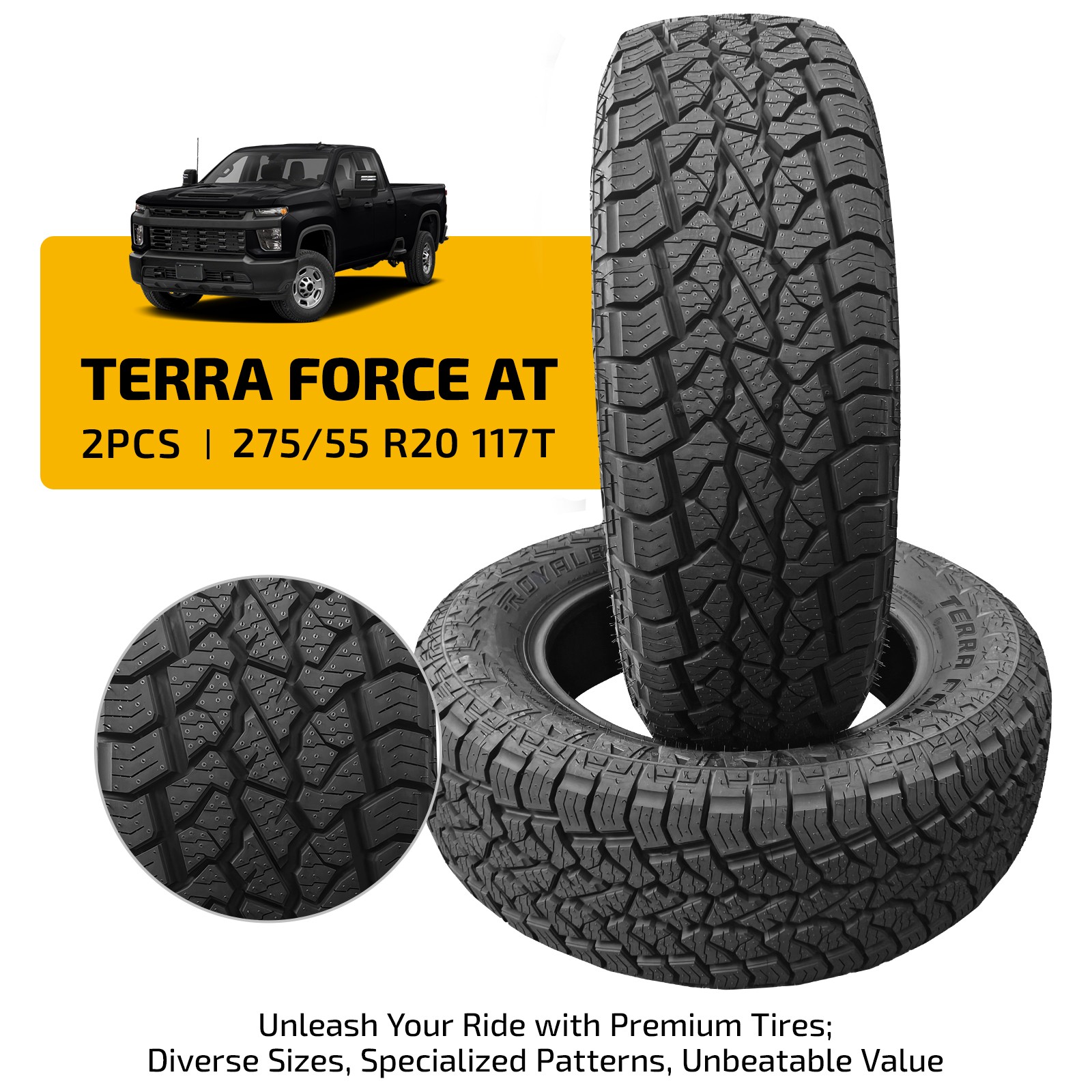 Set of 2 TERRA AT 275/55R20 117T Tires 9.6mm Tread Durable for Daily Driving
