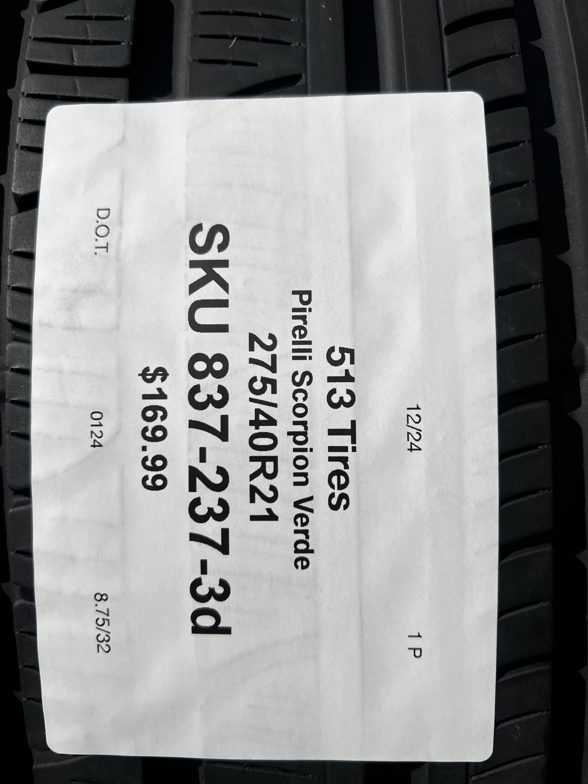 1 Tire Pirelli Scorpion Verde VOL 275/40R21 107V DOT.0124 8.75/32