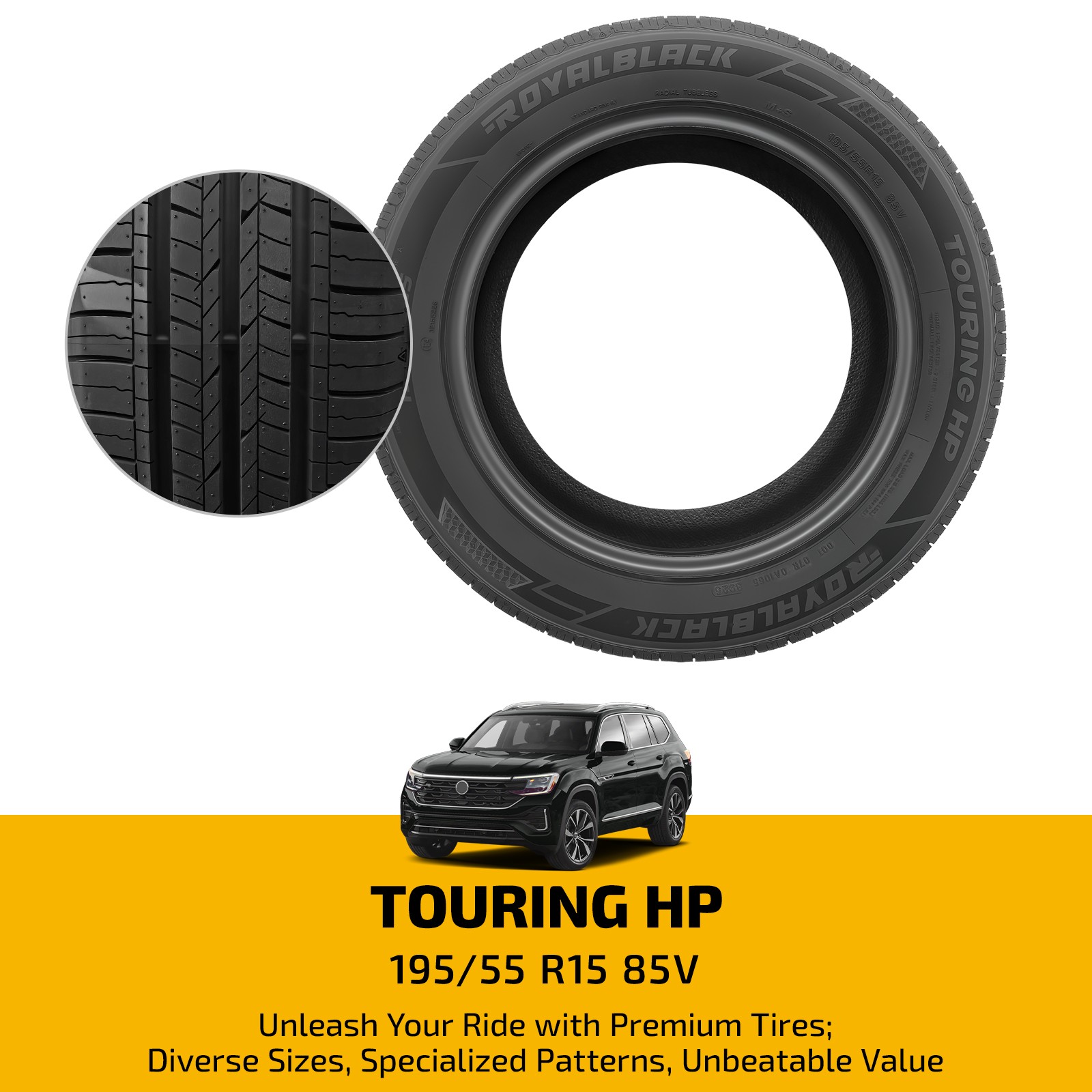 Touring HP 195/55R15 85V High Performance Tire 7.9mm 560AA 50000 Mile Warranty