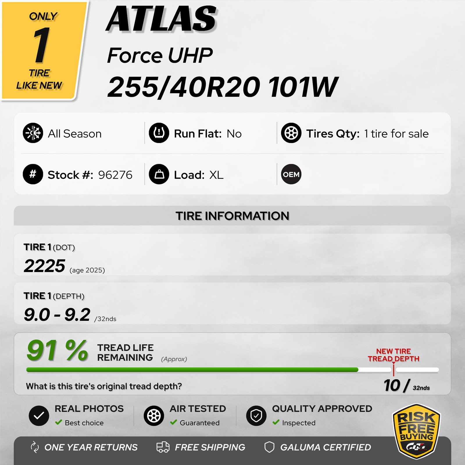 1 Tire LikeNEW Atlas Force UHP XL 255/40R20 255/40/20 2554020 No Repairs #96276