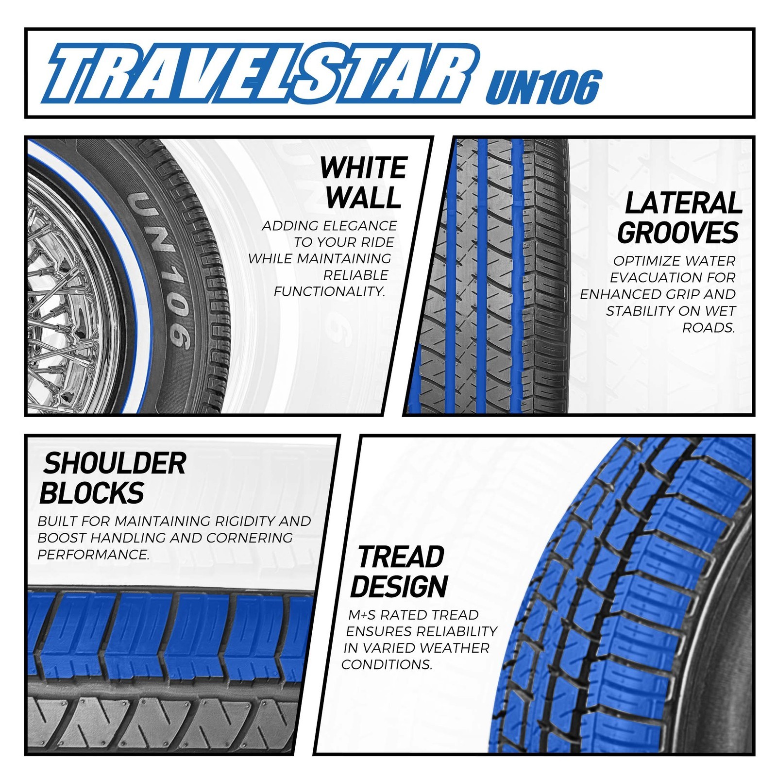 Set of 4 Travelstar UN106 225/60R17 99T 9mm White Wall A/S Passenger Car Tire
