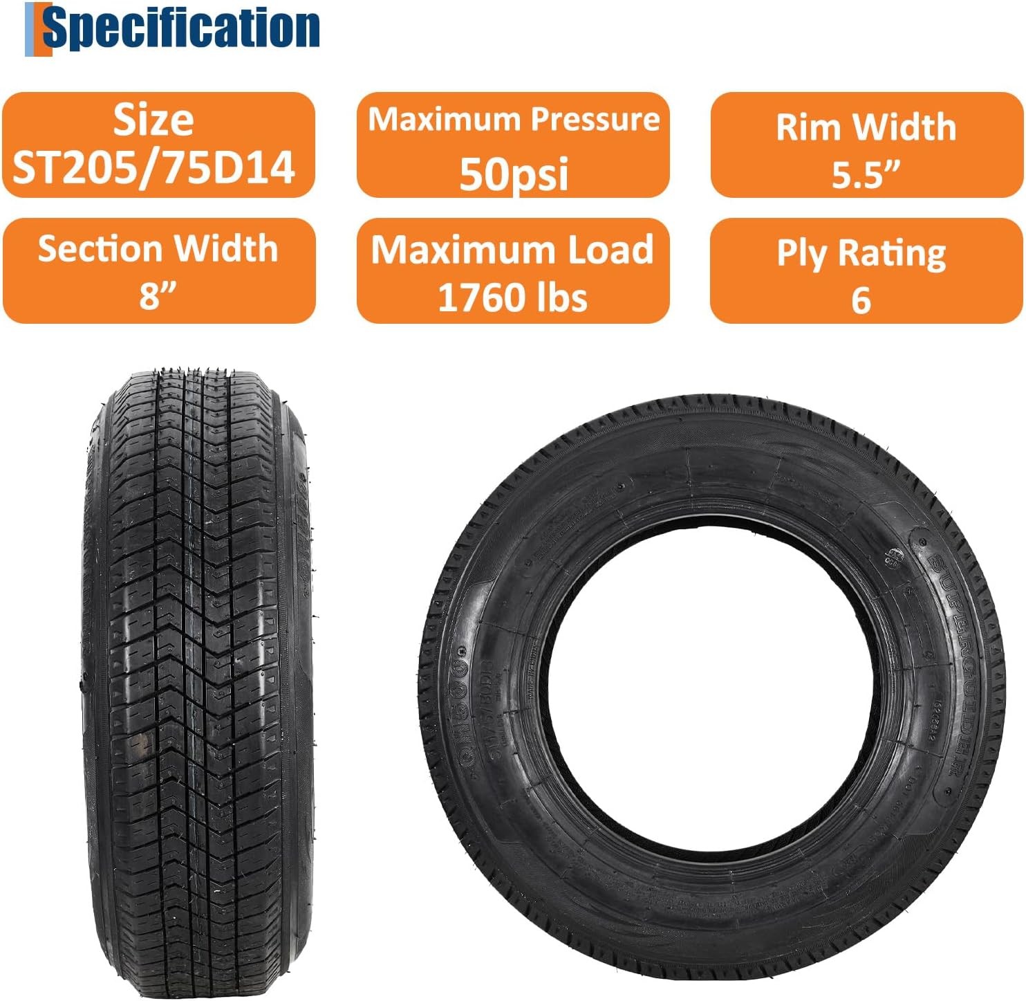 4PCS ST205/75D14 Trailer Tires 6Ply Load Range C Heavy Duty 205 75 14 Tubeless