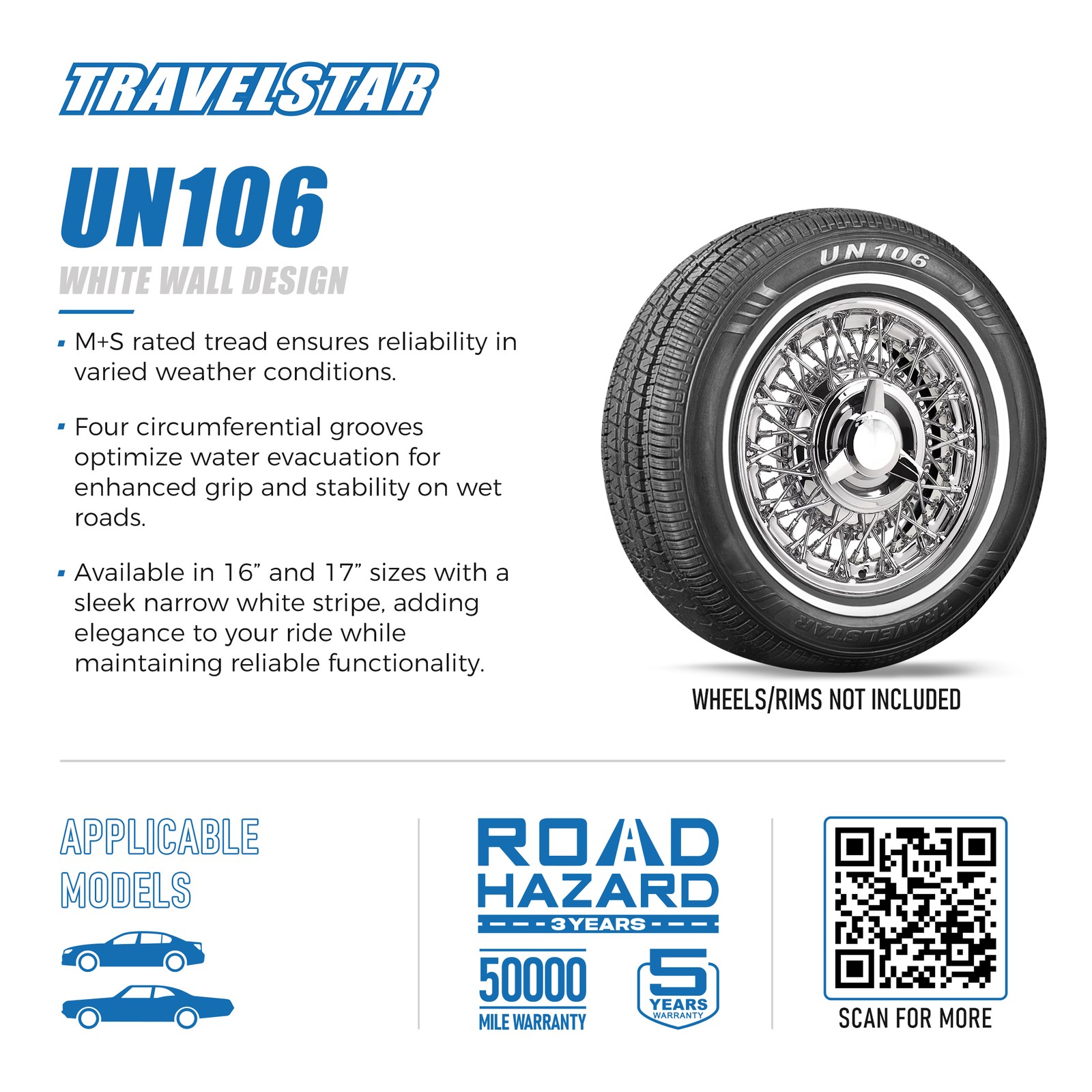 Travelstar UN106 155/80R13 79T 14mm White Wall A/S Radial Passenger Car Tire