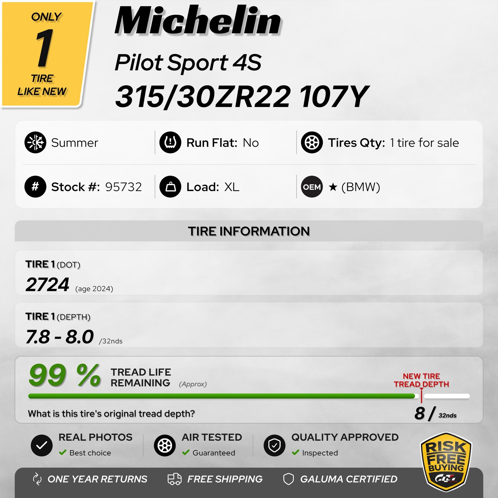 1 Tire LikeNEW Michelin Pilot Sport 4S ★ XL 315/30ZR22 107Y No Repairs #95732