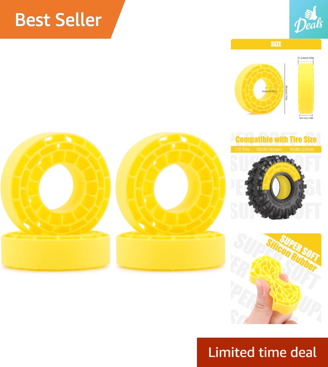 Waterproof Silicone Rubber Inserts for Tire Sizes 61-63mm | 4 Yellow Supports