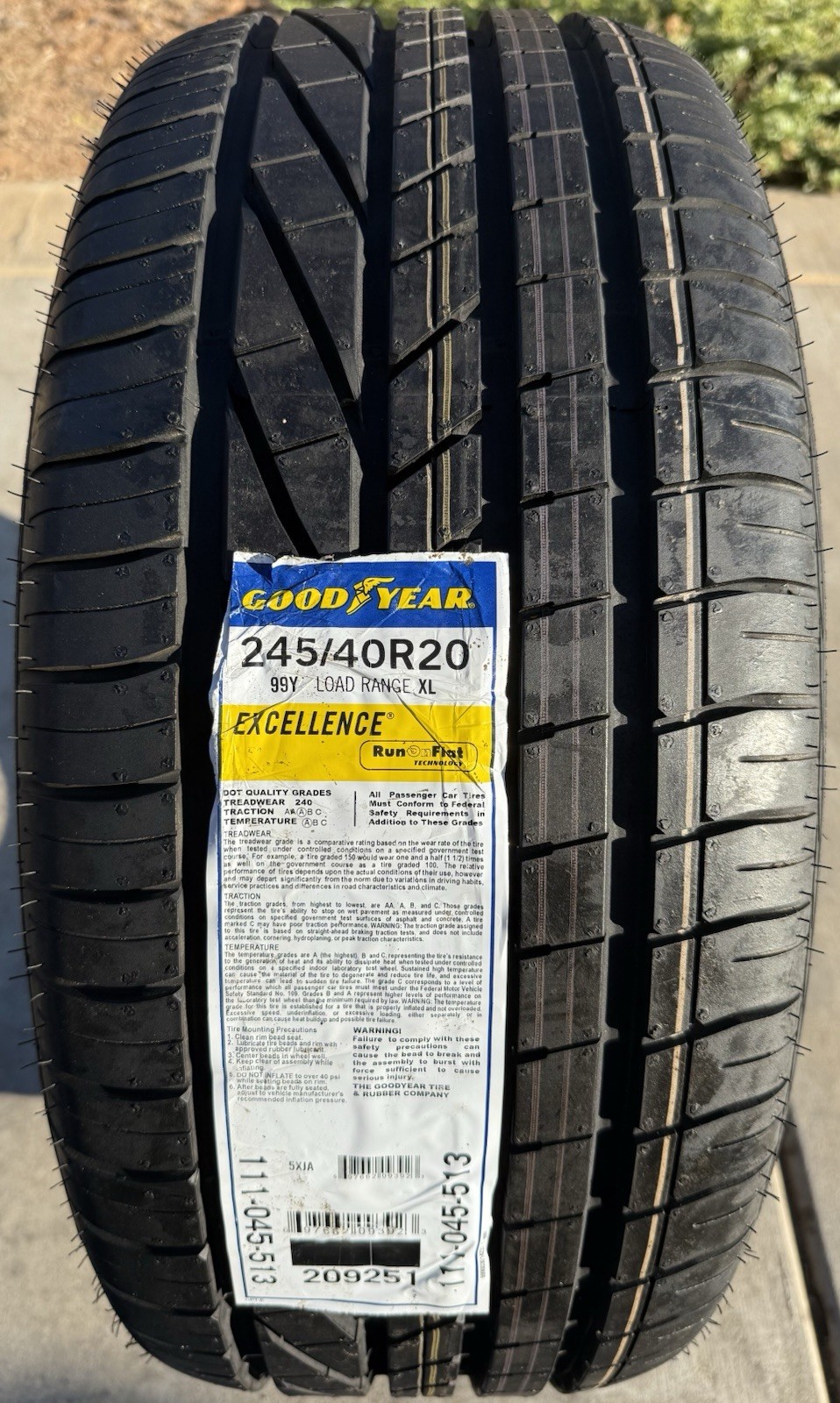 ONE BRAND NEW 245/40R20 99Y Goodyear Excellence RunOnFlat ROF RFT Run Flat Tire