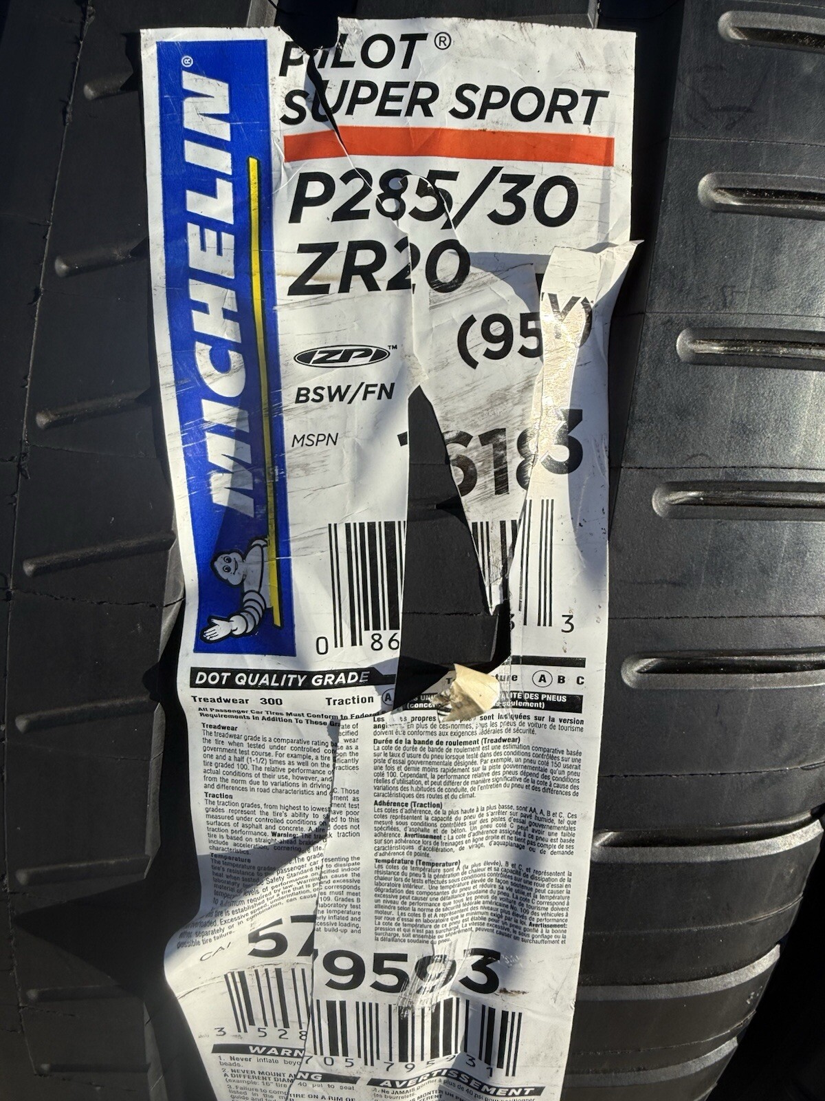 TWO BRAND NEW 285/30ZR20 (95Y) Michelin Pilot Super Sport ZP Run Flat Tires