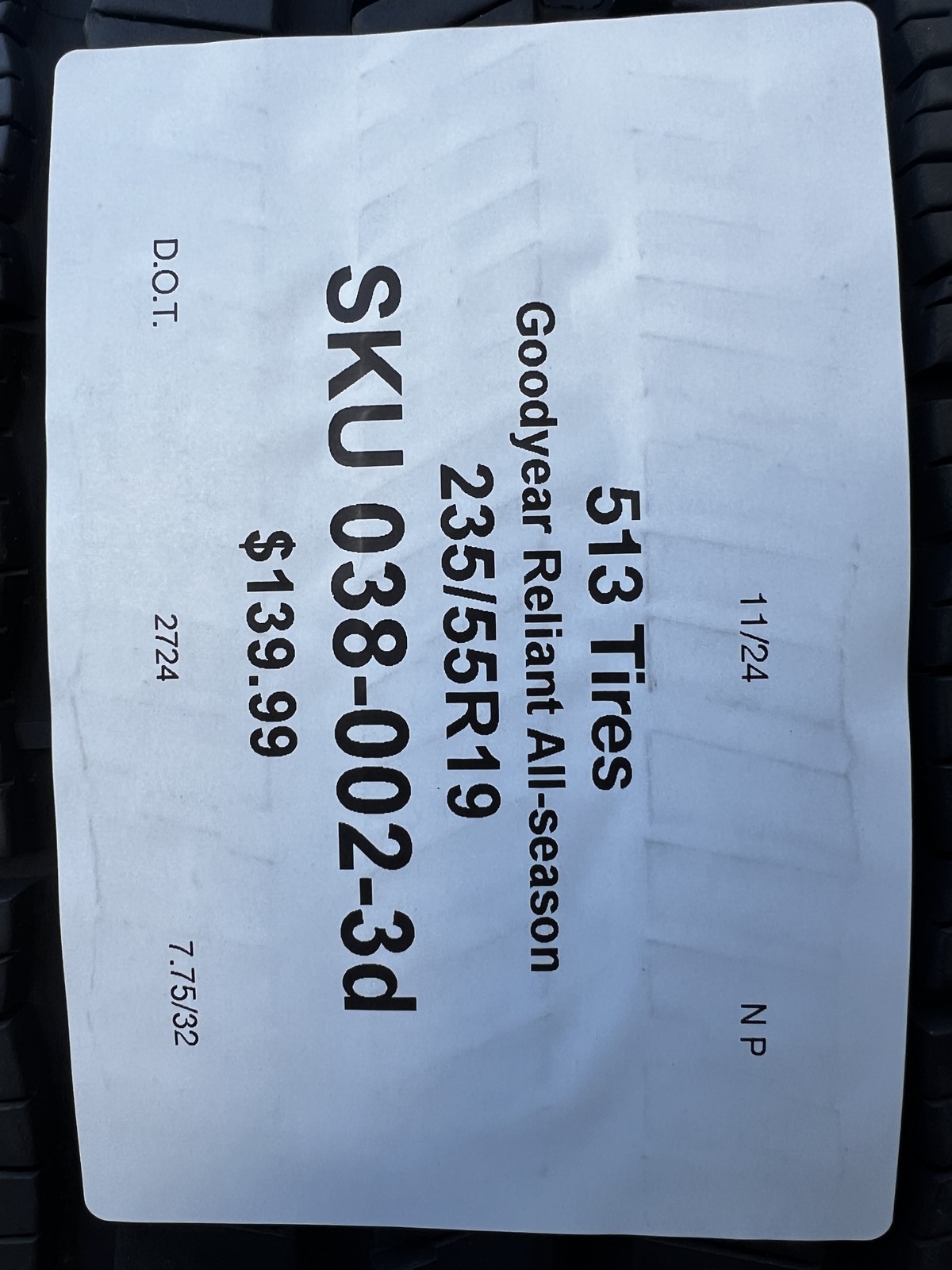 1 Tire Goodyear Reliant All-season 235/55R19 101V DOT.2724 7.75/32 NO Patch