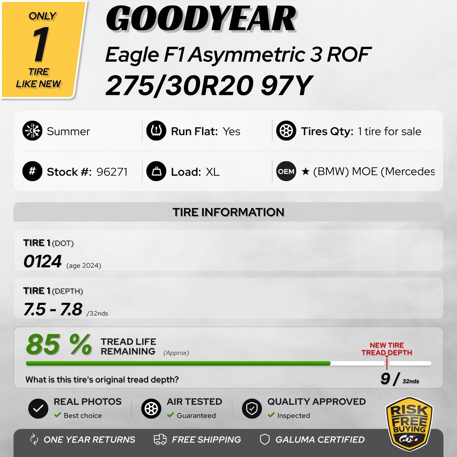 1 Tire LikeNEW Goodyear Eagle F1 Asymmetric 3 ROF RunFlat ★ MOE 275/30R20 #96271