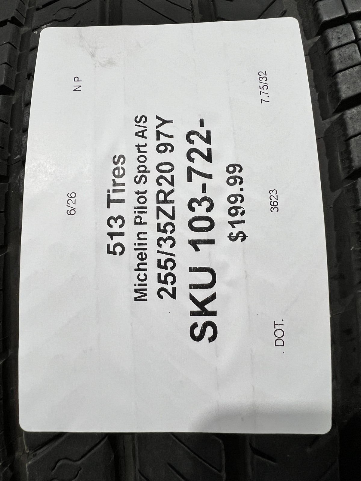 1 Tire Michelin Pilot Sport A/S TPC 255/35ZR20 97Y DOT.3623 7.75/32 NO Patch