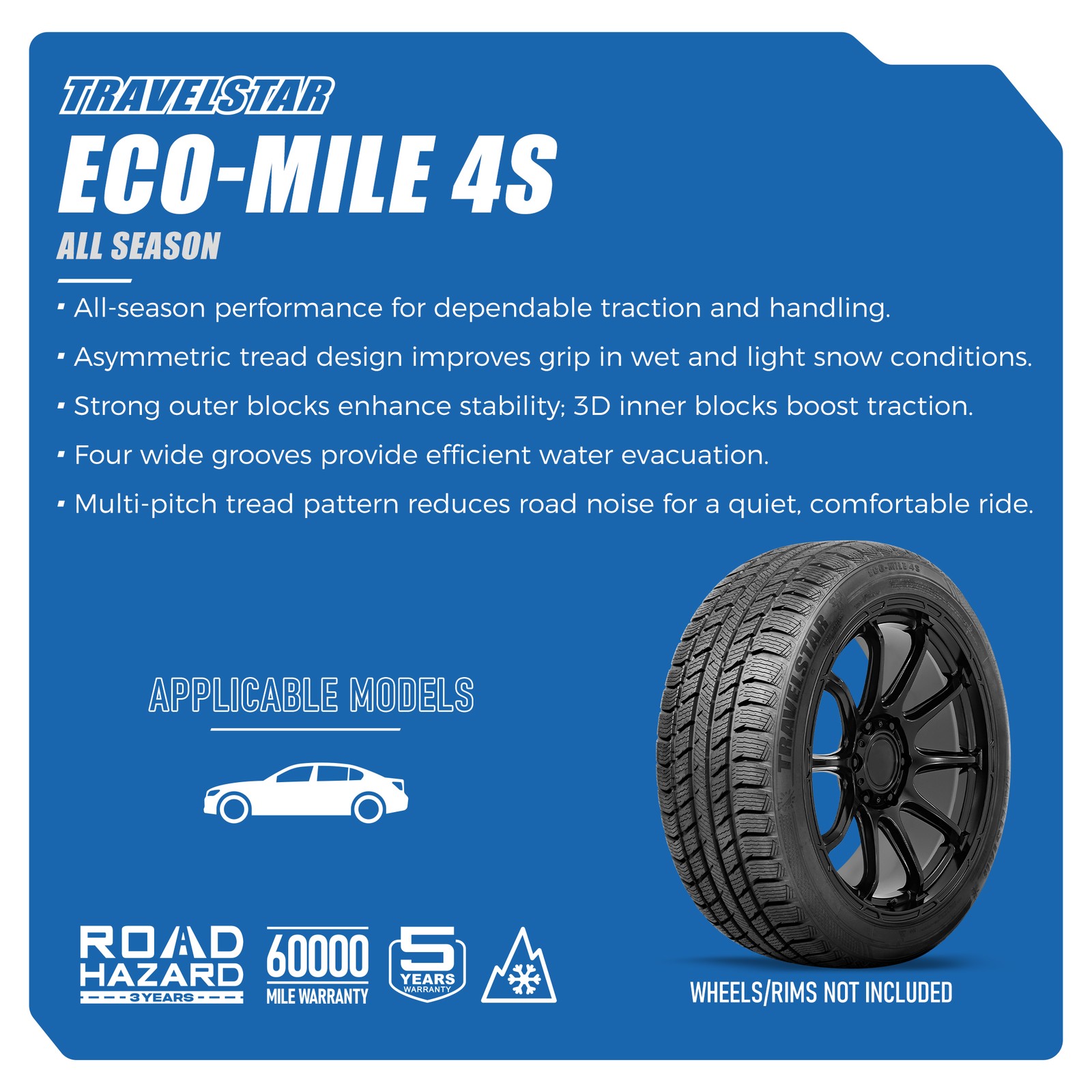 4 PACK Travelstar Eco-Mile 4S All Weather 195/65R15 91H Passenger Tire 195 65 15