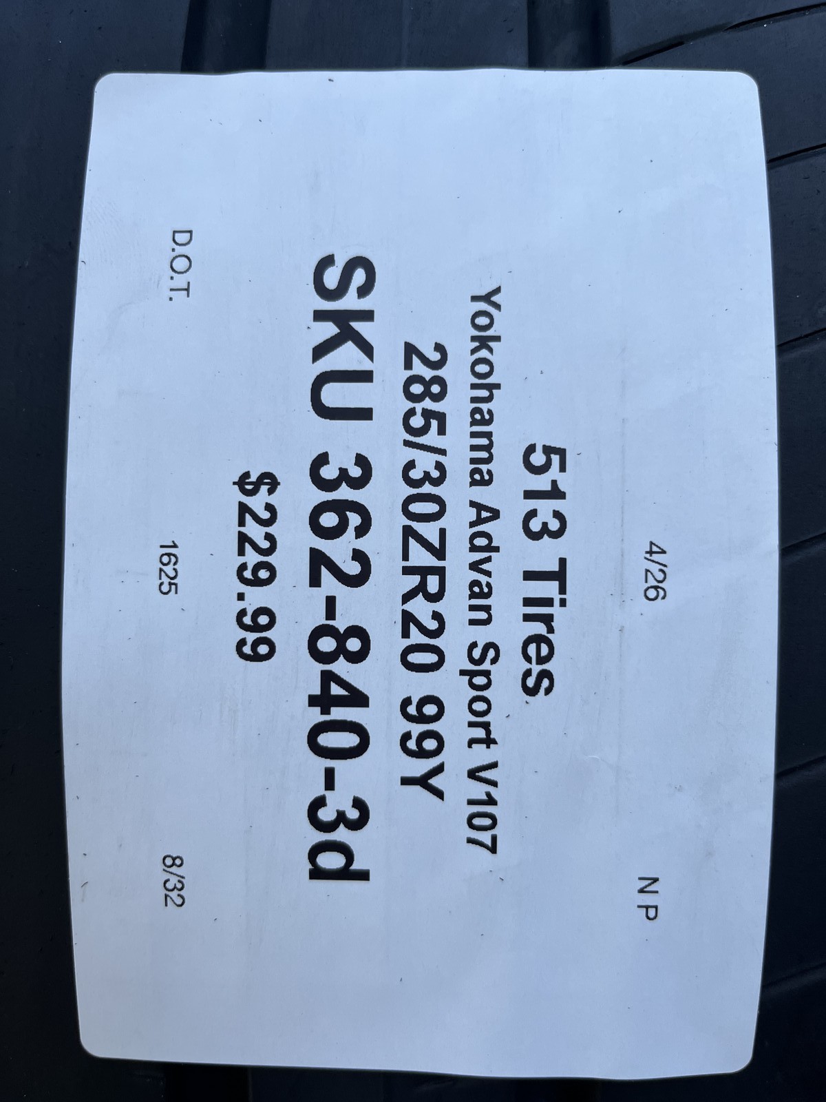 1 Tire Yokohama Advan Sport V107 ★ BMW 285/30ZR20 99Y DOT.1625 8/32 NO Patch