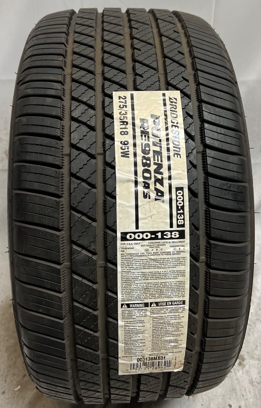 1 – NEW 275/35R18 (95W) M + S Bridgestone Potenza RE980AS – 3014