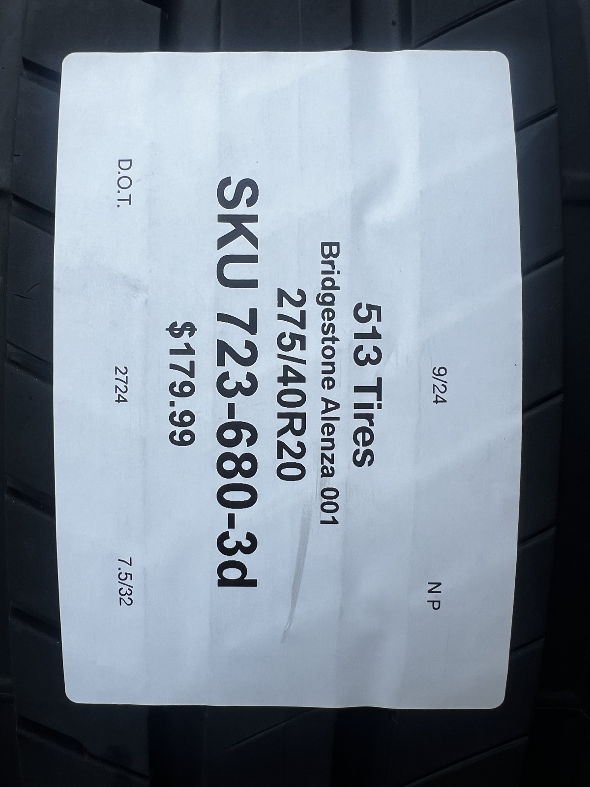 1 Tire Bridgestone Alenza 001 RFT ★ BMW 275/40R20 106W DOT.2724 7.5/32 NO Patch