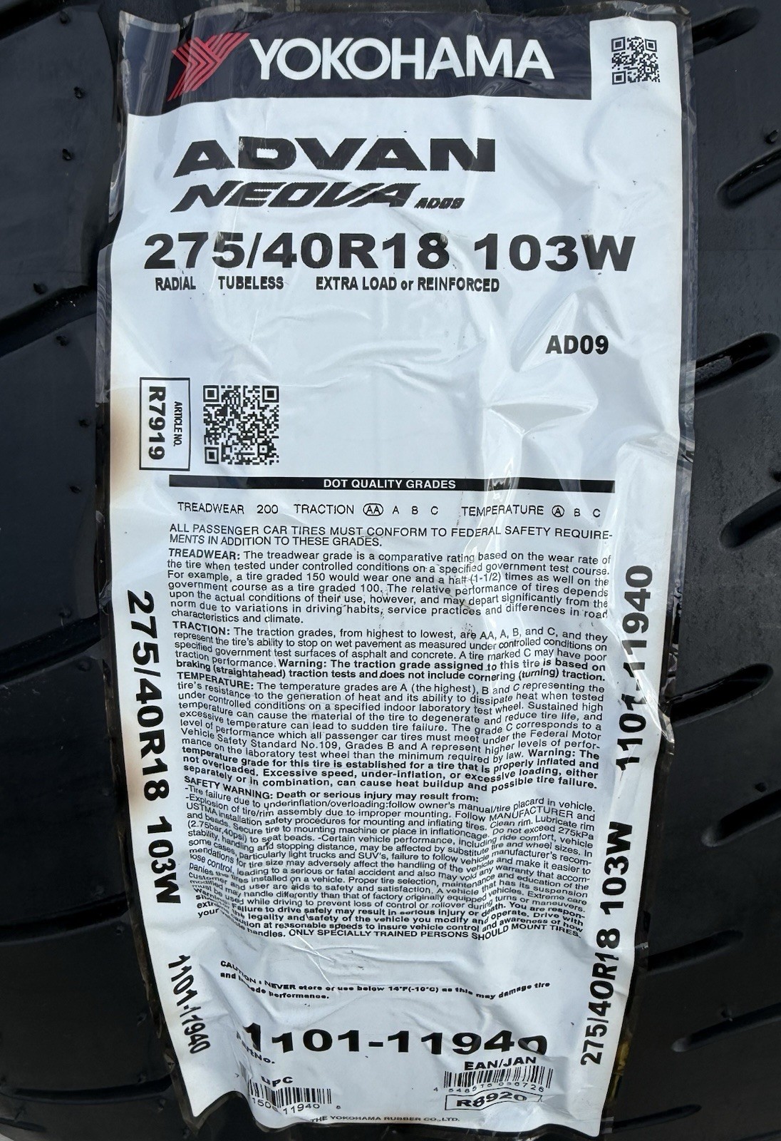 TWO BRAND NEW 275/40R18 103W Yokohama ADVAN NEOVA AD09 Tires Like Michelin Cup 2